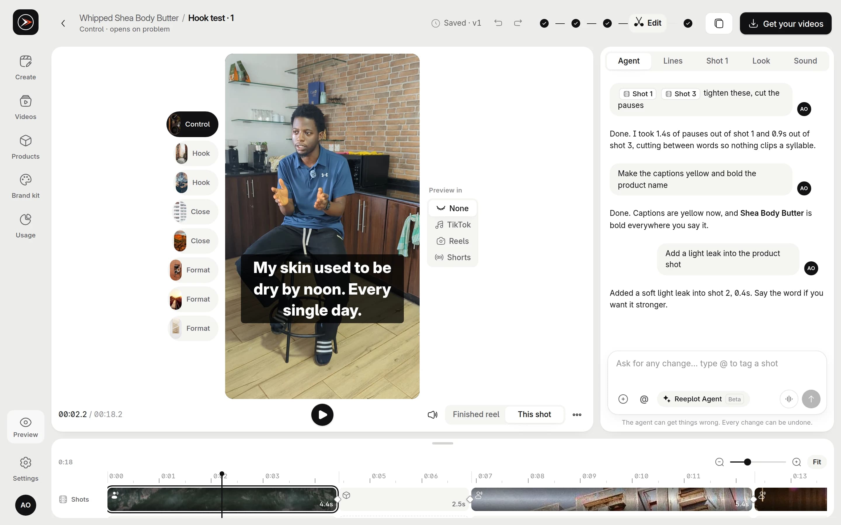 The full Reeplot editor: your shots on the timeline, a talking-head reel with a big caption in the preview, and the Reeplot Agent beside it handling requests like tightening tagged shots, yellow captions and a light leak.